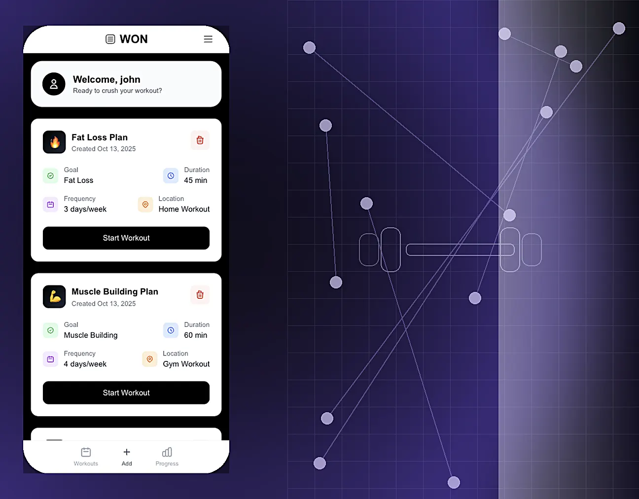 Screenshot of WON - Workout AI Planner project